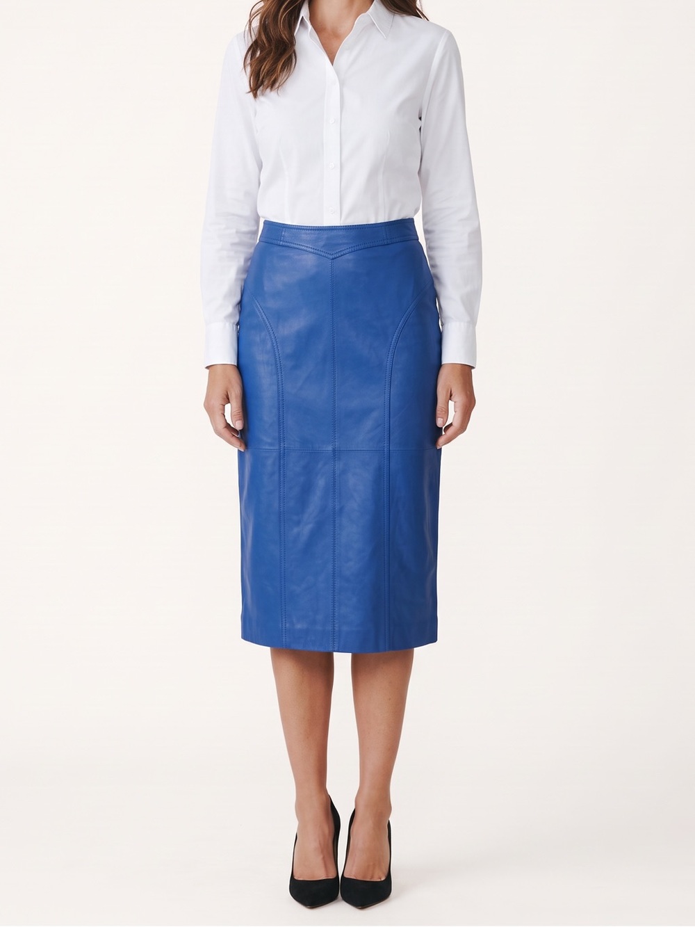 Vintage Pelle Cuir Royal Blue 100% Leather Midi Pencil Skirt Heritage Size 10
